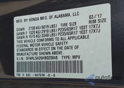 2017 Honda Odyssey Lx from USA, damaged, VIN 5FNRL5H26HB020848